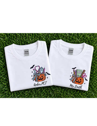 Personalized Halloween Profession Long Sleeve Shirt | Embroidered Healthcare & Educator Pumpkin Shirt | Custom Name
