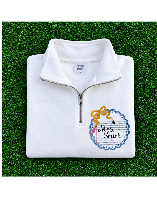 Educator Notebook Monogram Embroidered Quarter Zip Jacket